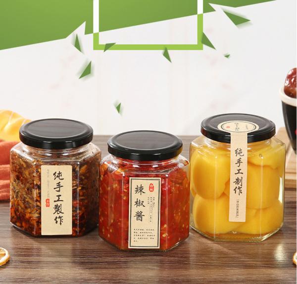 Frascos de vidro dados forma sextavados do armazenamento do tampão de parafuso, doce Honey Jars de vidro da especiaria