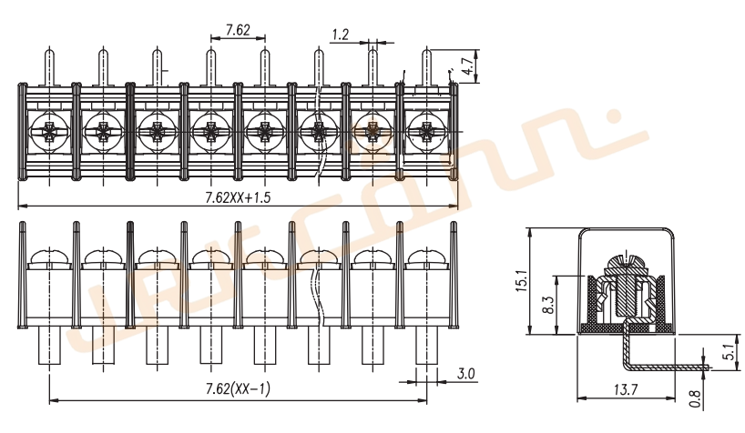 8 Poles Right Angle Type Barrier Terminal Block with 15 Amp Current Rating Screw Terminal Connector