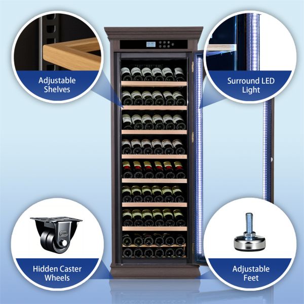 Dark Brown Solid Wood Freestanding Wine Cooler Cabinet with Arched Glass Door and Digital Control Panel