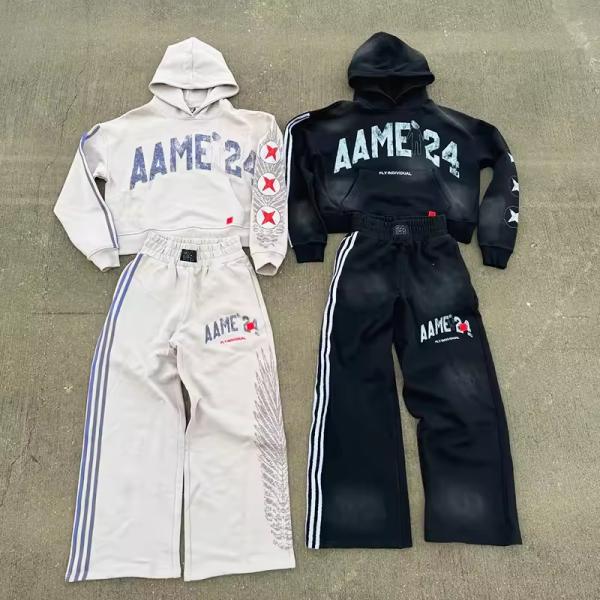 Sweat à swets à écran sur mesure Sweins Sweins Sweet Acid Wash et Pantalons à rayures Sport Jogger Ensembles de surdimen