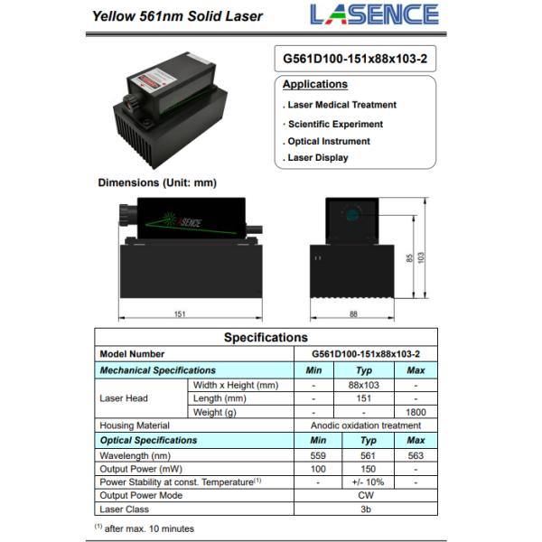 Solid State DPSS Laser with 1.8 KG Weight and 85mm Beam Height 100mW Yellow Laser