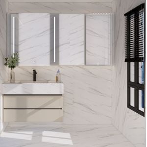 Gold-Handle Stainless Steel Bathroom Vanity With Integrated Ceramic Basin