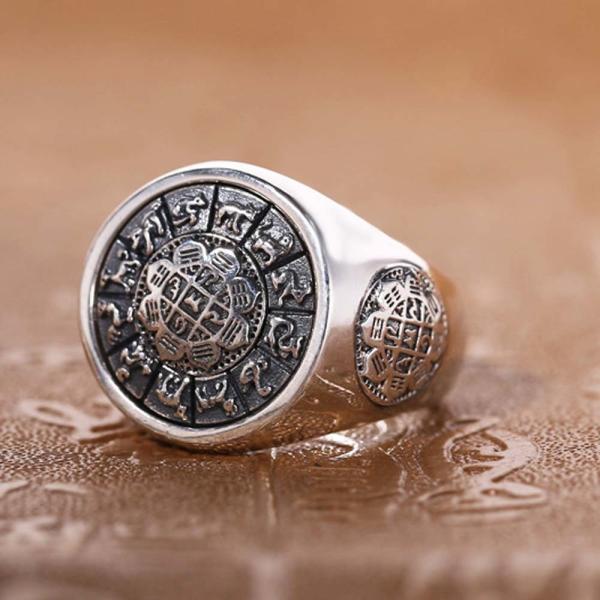 Men Sterling Silver Engraved Chinese Zodiac Retro 925 Silver Ring (059886S)
