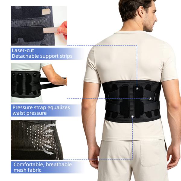 Adjustable Lumbar Support Back Brace with 6 Detachable Support Strips, Dual Pull Compression Straps Breathable Mesh Waist Belt 
