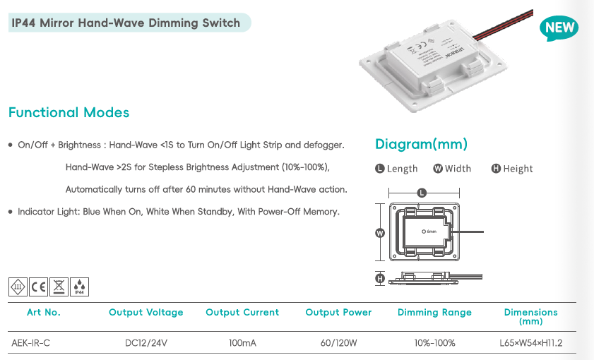 IP44 Mirror Hand-Wave Dimming Switch DC12/24V IR Sensor LED Controller with Defog