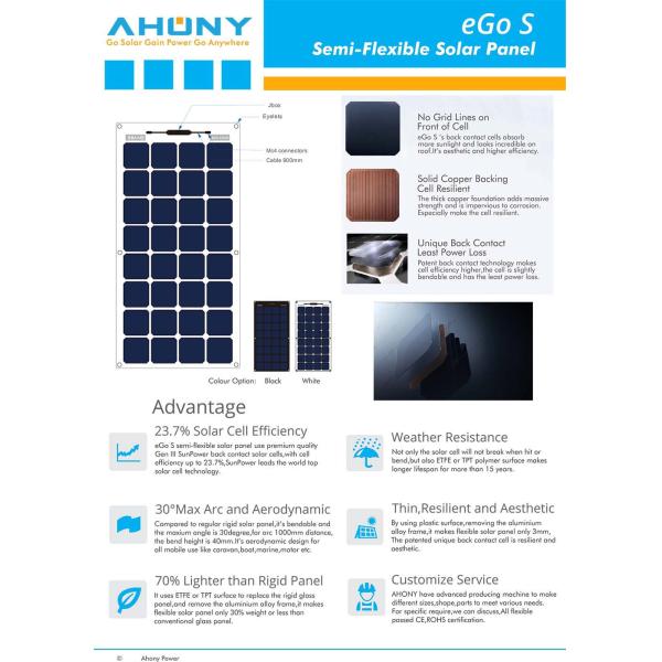 Modulo de painel solar flexível monocristalino flexível transparente Barco naval 175w 18v 12v leve impermeável