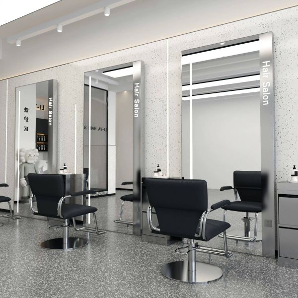 Kingstin Modern LED Salon Styling Mirror with Light Customizable Logo, Full Body Barber Shop Mirror Station