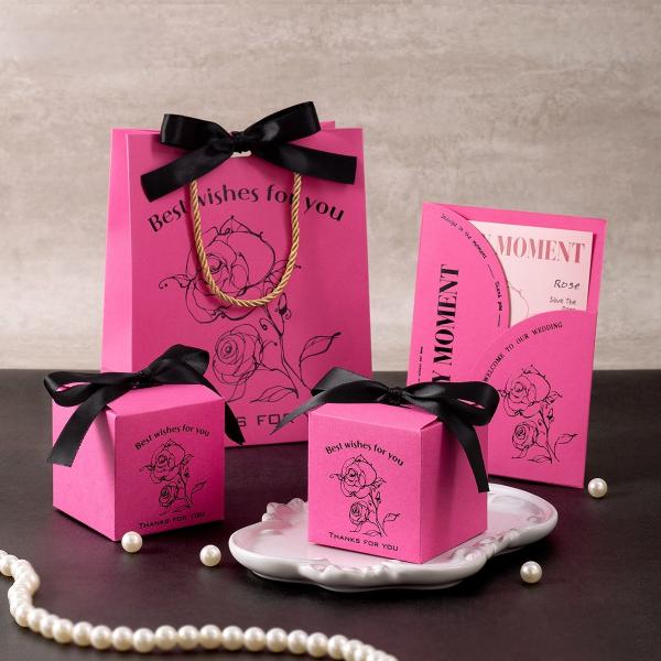 Juego de invitación y caja de caramelos estilo chino premium para bodas Elegancia Rosa