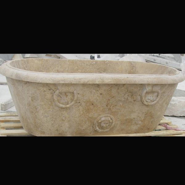 Hotel Deocration Beige travertine bathtub with figure statue carving for bathroom,china sculpture supplier