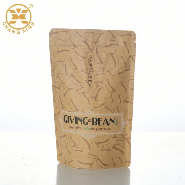 Square Flat bottom Compostable Kraft Paper Coffee Bags With Pocket Zip Lock Valve