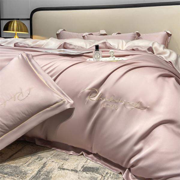 Solid Color Light Luxury Washed Silk Embroidery 4 Pcs Bedding Set with Fitted Sheet