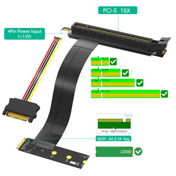M.2 NGFF Key M to PCIe 16x Riser Adapter 19cm Cable