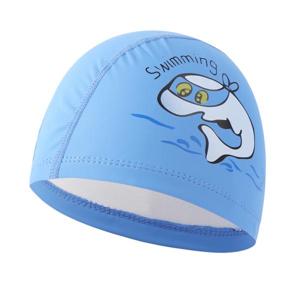 Cartoon dolphin waterproof PU long hair fabric ear protection kids swimming pool water sport swimming cap hat for boys