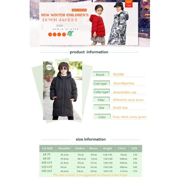 Bilemi Boys Long Winter Warm Korean Handsome Solid Color Thick Kid Down Jacket Baby Winter Clothes