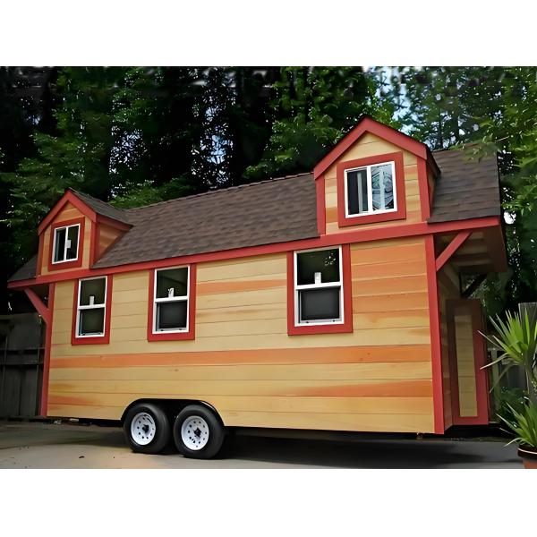 Casa pequeña prefabricada sobre ruedas para viajes familiares y vida sencilla