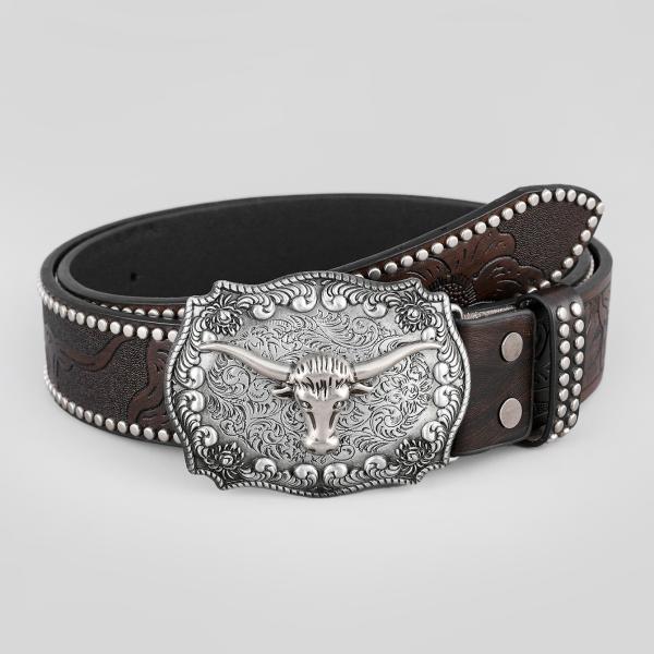 Unisex Vintage Cow Head Embossed PU Leather Belt with Buckle Fastening Western Rivet Belt