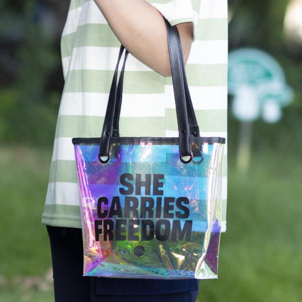 Custom Digital Printing Trendy Transparent PVC Shoulder Handbag Durable Washable Holographic Women'S Tote Shopping Bag