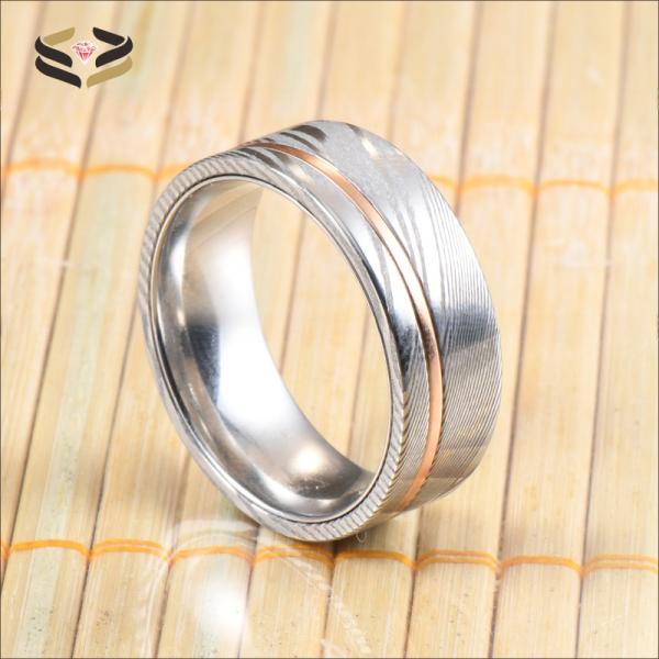 Engagement Men's Damascus Steel Rings 8mm with Tungsten Core Inner And Copper Inlay