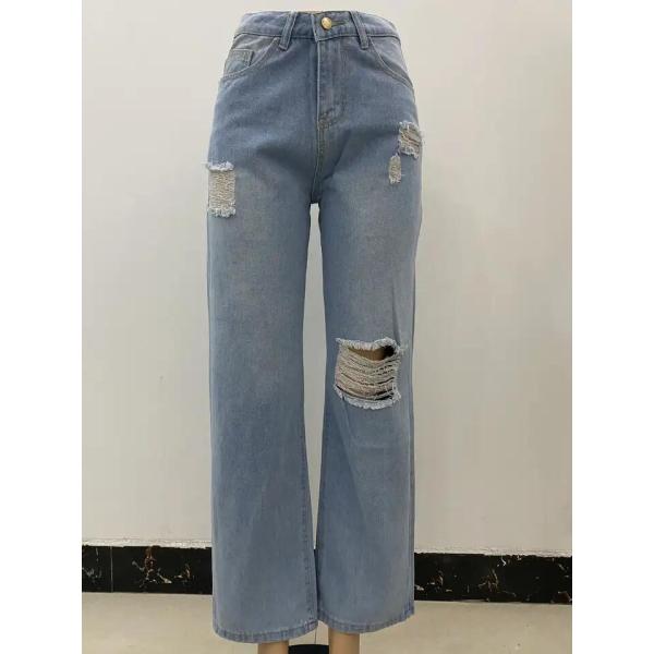 Fashion Loose Light Blue Denim Pants Wide Leg Ripped Jeans For Women