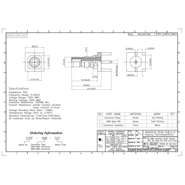 Соединитель 14.7MM RF Sma Smb 4 отверстий для соединяясь коаксиальных кабелей
