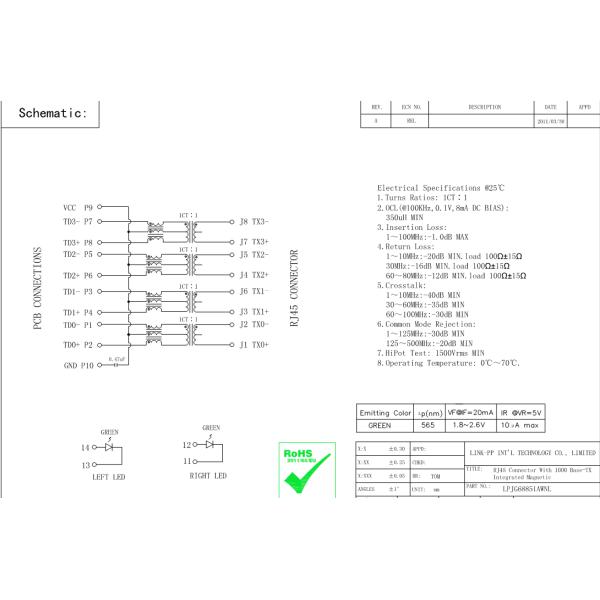 Штырь RJ45 Платы-ВВЕРх 10 ИМПа ульс JG0-0027NL 1x6 с внутренним Magnetics