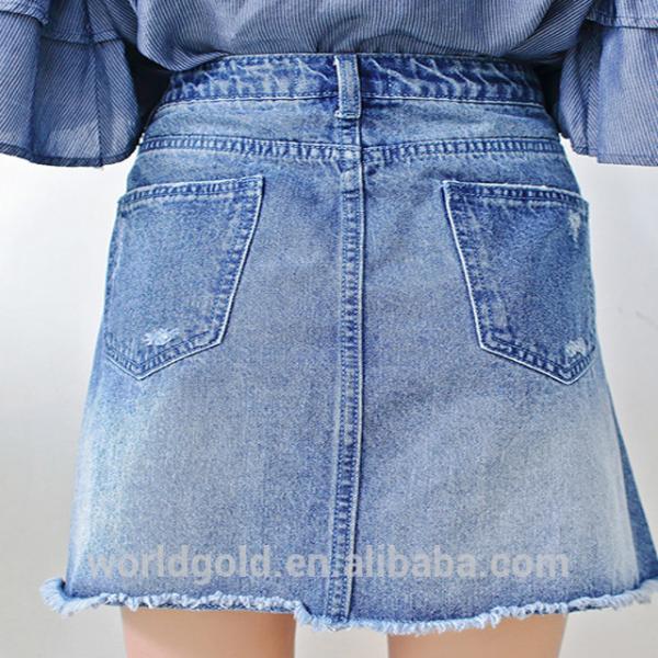 Custom Women A LINE Damaged Denim Skirt With Pearls And Frayed Hem