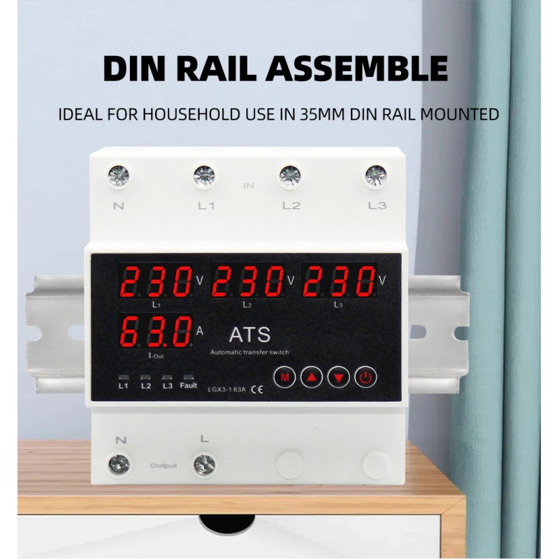 Automatic Transfer Switch (ATS) PC 63A/100A Three Phase Uninterrupted Power Stabilizer Voltage Protector Phase Selector