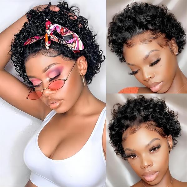 8inch Human Hair Wigs 360 Lace Front Pixie Curls Wig for Soft and Shiny Hair