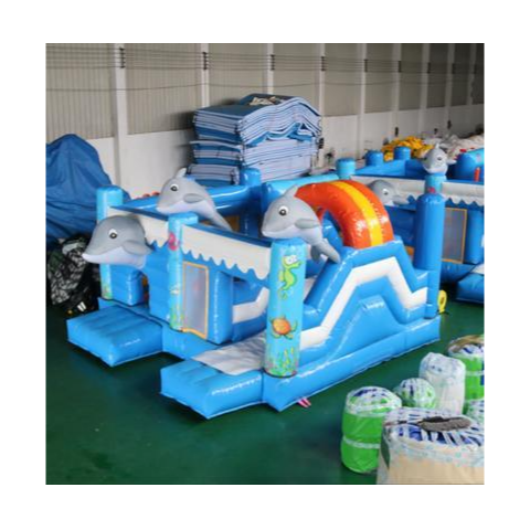 Blue Dolphin Inflatable Bounce House and Slide Combo with Mesh Walls for Kids Events