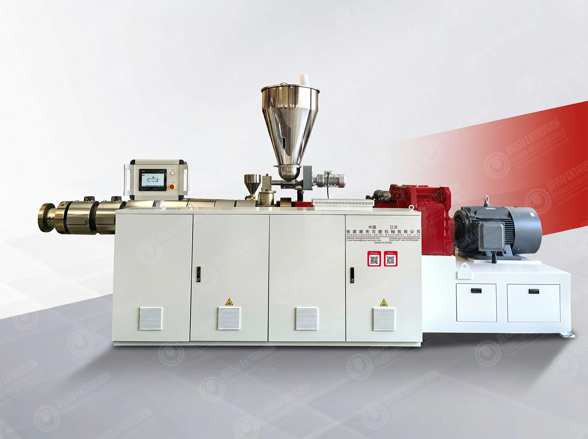 Twin Screw Extruder with Frequency Conversion Timing Hard-toothed Gearbox and Vacuum Degassing for PVC SPC WPC Processing