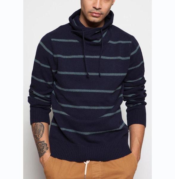 Full Lambswool Knit Pullover Sweater Hoodie Jersey Type With Stripe Thick