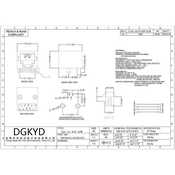 RJ11 interface connector 6P4C all plastic lightless industrial network port DGKYD56211164IWA1DY4