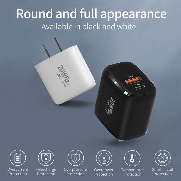 20W USB C Charger QC 3.0 2 Port LED Wall Adapter For IPhone 12 11 AirPods