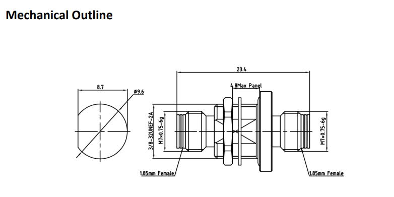 1.85mm Female To Female Bulkhand Mount Hermetically Sealed Adapter