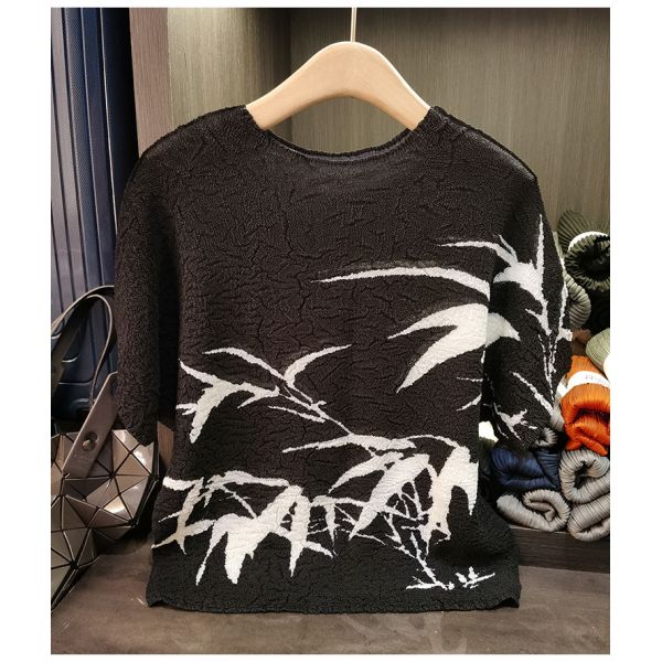 Retro pleated summer new Chinese ink bamboo print T-shirt fashionable plus size women's casual top