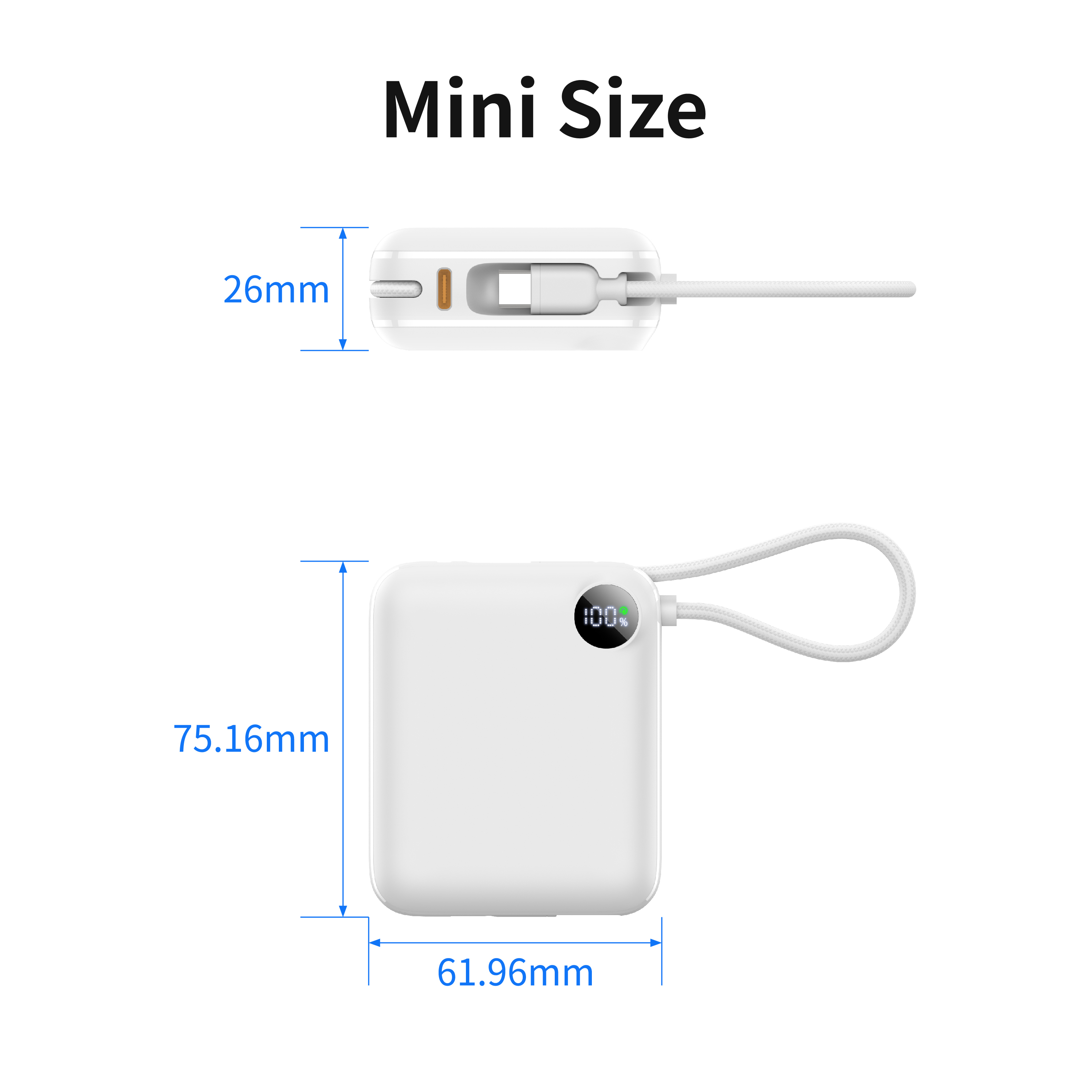 10000mAh Compact Portable Power Bank Fast Charge With Two Built‑in Bidirectional Type‑C Cables, Extra Type‑C Port LED Digital Display Fashion Mini External Battery Pack