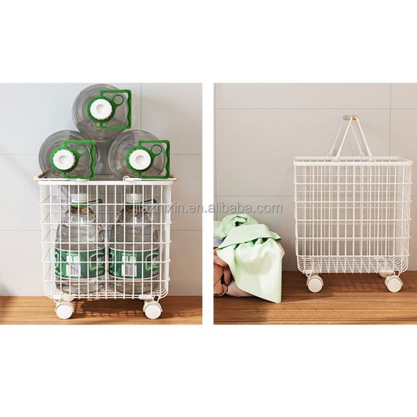 Iron Wire Laundry Hamper With Rolling Wheels Free Standing Storage Basket Dirty Clothes Cart Sorter Bathroom Washing Organizers