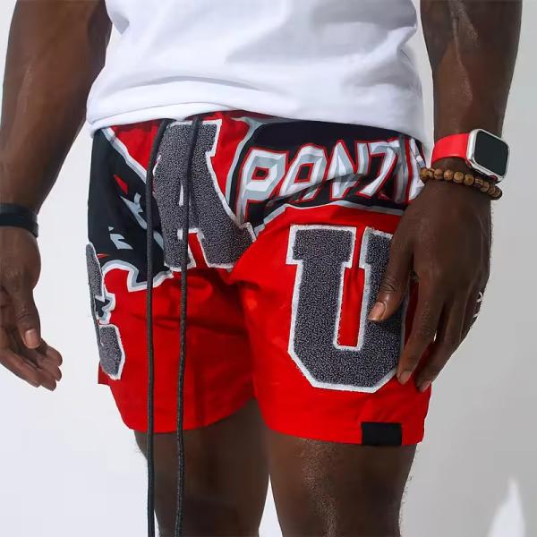 Logo brodé en chenille personnalisé en gros Vêtements de fitness rayés Gym Sport Porter des shorts de sport en maille échantillon gratuit pour hommes