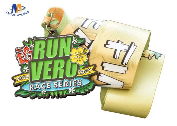 Die Cast Metal 5k Race Medals Black Nickle Plating Colors Filled With Sublimated Ribbon