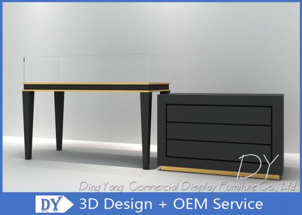 Black Commercial Gold Shop Glass Counter with MDF Wood + Tempered Glass + Lights