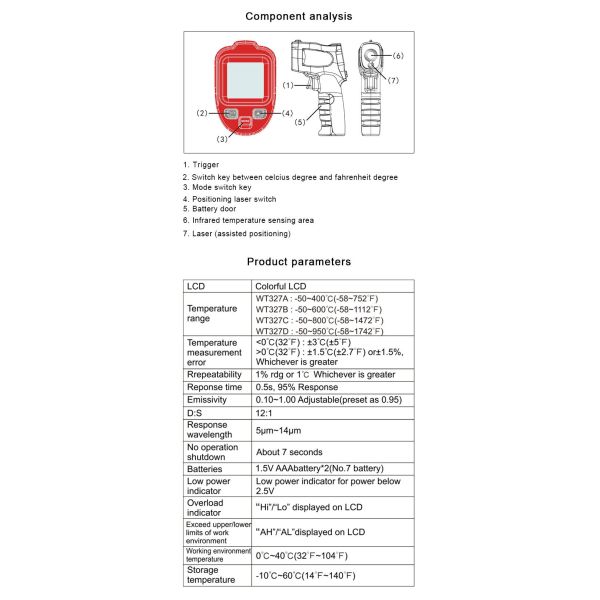 WT326A/B/C/D WT327A/B/C/D Digital Infrared Thermometer with Adjustable Emissivity