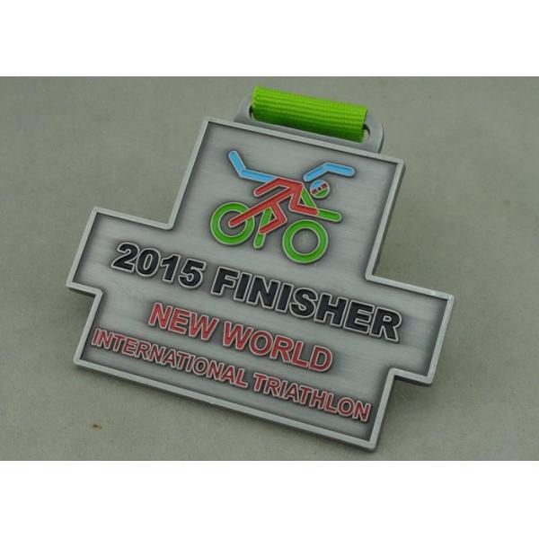 Antique Silver Zinc Alloy Triathlon Medal Soft Hard 3.0 Inch Size