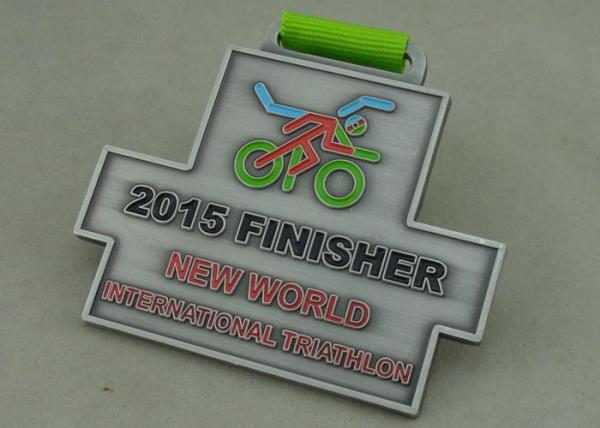 Antique Silver Zinc Alloy Triathlon Medal Soft Hard 3.0 Inch Size