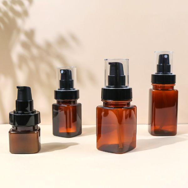 Amber Square Plastic Cosmetic Bottle Set for Skincare - Lightweight & Durable Cosmeceutical Packaging
