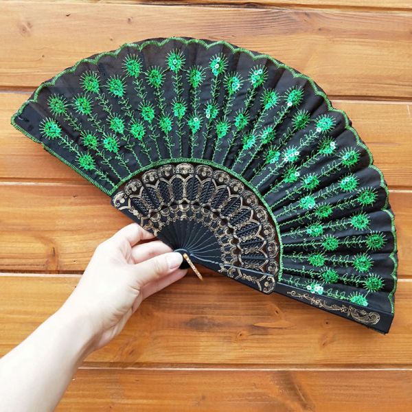 [I AM YOUR FANS] Embroidery Sequin Hand Fan Classic Plastic Frame Fabric Dancing Hand Fan for Holiday Events Wedding