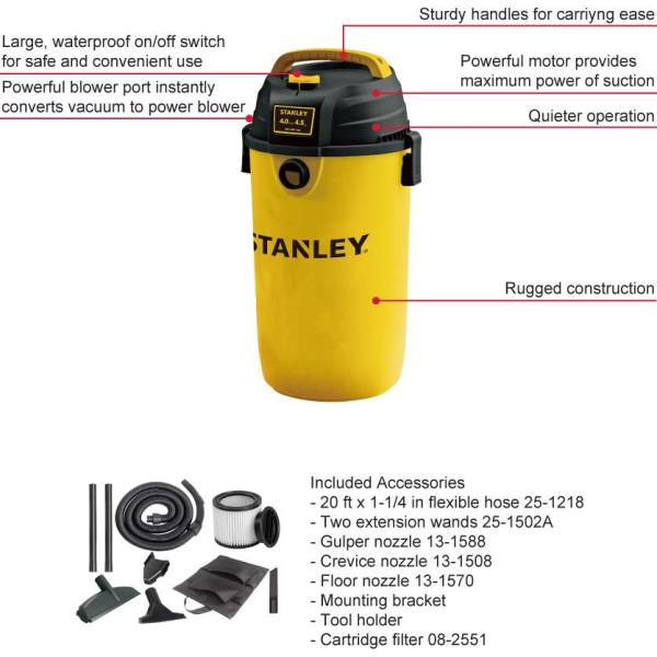 Multi Function Stanley 4hp Shop Vac 4.5 Gallon 17L 75 CFM Hang Up SL18139P