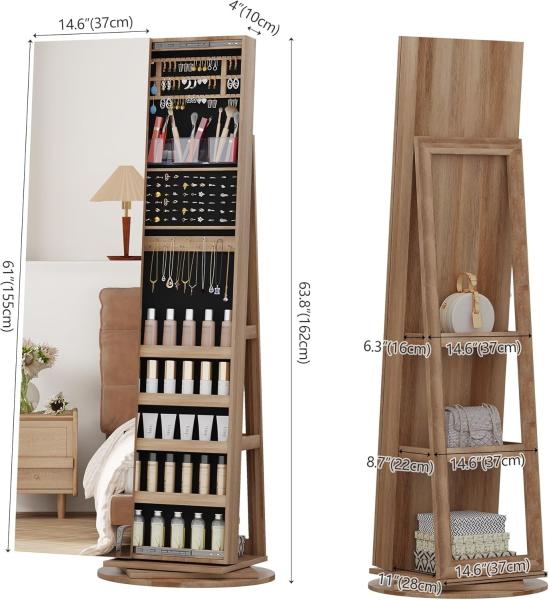 360° Swivel Jewellery Cabinet Mirror ‎Glass Rotating Mirror Cabinet Frameless