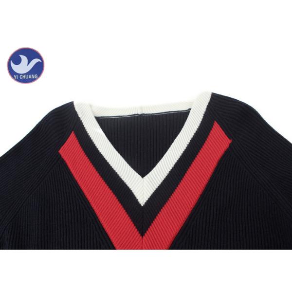 Stripes V Neck Womens Knit Pullover Sweater Rib Knitting Wool