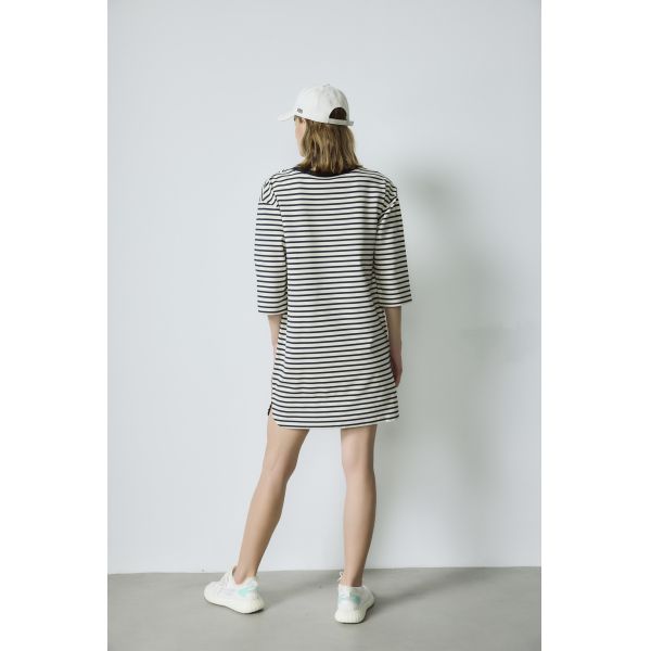 Oversized 3 4 Sleeve Cotton Dress  Black And White Striped Cotton Dress