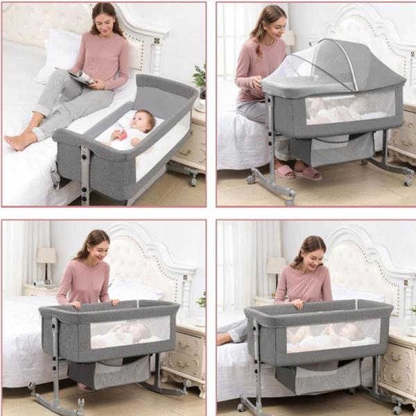 с колесами, кроваткой с матрасом, регулируемой колыбелью, боковой кроватью, с корзиной для хранения, москитной сеткой, складной портативным ребенком